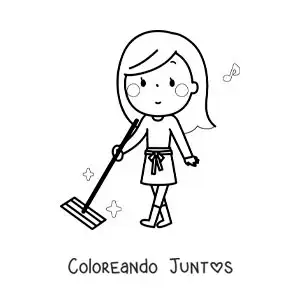 Imagen para colorear de una mujer kawaii limpiando el piso con una fregona