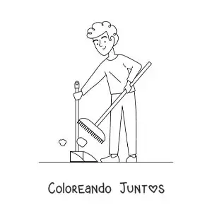 Imagen para colorear de un chico barriendo el polvo en casa con una pala