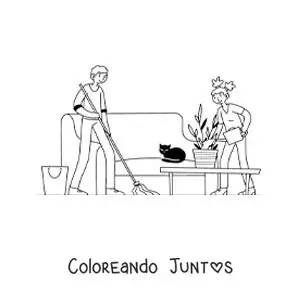 Imagen para colorear de una pareja haciendo los quehaceres del hogar