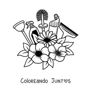 Imagen para colorear de artículos para la limpieza del baño con flores