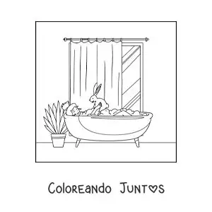 Imagen para colorear de una chica tomando un baño con su conejo mascota