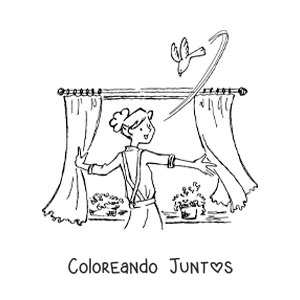 Imagen para colorear de una chica abriendo la ventana en la mañana
