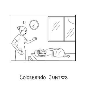 Imagen para colorear de una madre enfadada despertando temprano a su hijo