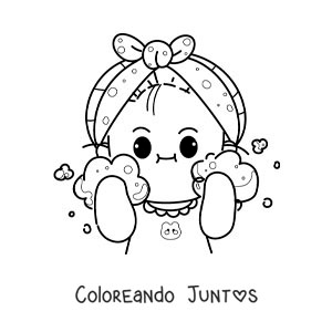 Imagen para colorear de una niña kawaii lavando su cara al levantarse en la mañana