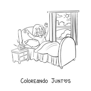 Imagen para colorear de una niña animada despertando en su habitación con un despertador