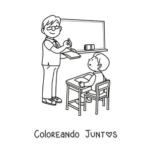 Imagen para colorear de un niño en el pupitre con su maestro explicando en la pizarra