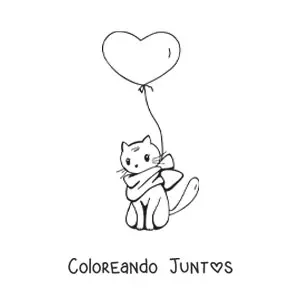 Imagen para colorear de un gato kawaii sentado con una bufanda y un globo con forma de corazón