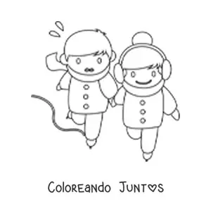 Imagen para colorear de un niño y un niña patinando en el hielo