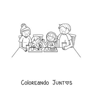 Imagen para colorear de una familia sentada a la mesa comiendo comida chatarra