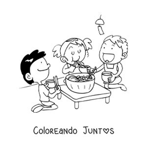 Imagen para colorear de niños sentados comiendo comida asiática