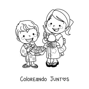 Imagen para colorear de niños japoneses comiendo helado y dulces