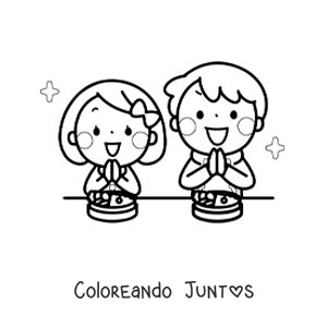 Imagen para colorear de dos niños agradeciendo los alimentos antes de comer