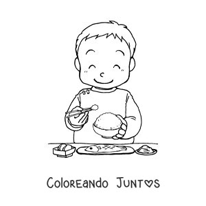 Imagen para colorear de un niño asiático comiendo arroz con palillos