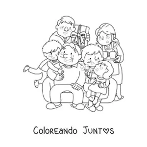 Imagen para colorear de un papá una mamá y dos niños rodeando a un par de abuelos