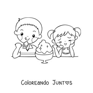Imagen para colorear de dos niños kawaii comiendo helado