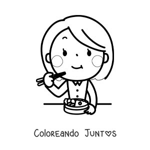 Imagen para colorear de una mujer kawaii comiendo con palillos