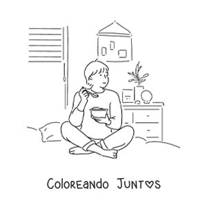 Imagen para colorear de un niño comiendo sentado en su cama