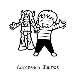 Imagen para colorear de un niño jugando con su robot de juguete