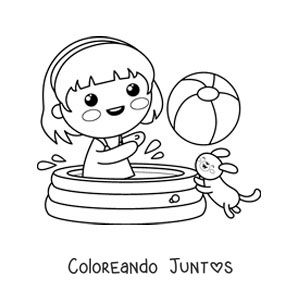 Imagen para colorear de una niña kawaii jugando con una pelota en la piscina