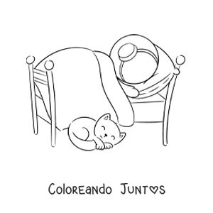 Imagen para colorear de un astronauta animado durmiendo en la cama con su gato