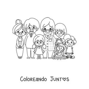 Imagen para colorear de una familia kawaii posando con un par de abuelos