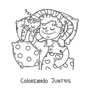 Imagen para colorear de un niño durmiendo en la cama con su gato