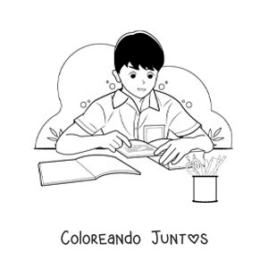Imagen para colorear de un niño con uniforme estudiando de un libro
