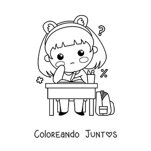 Imagen para colorear de una niña kawaii haciendo su tarea de matemática en un pupitre