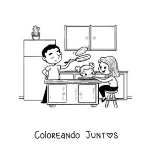 Imagen para colorear de una madre ayudando a su hija con la tarea mientras papá cocina