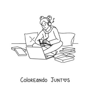 Imagen para colorear de una niña haciendo sus deberes con ayuda de una laptop