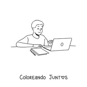 Imagen para colorear de un niño investigando para sus deberes con una laptop