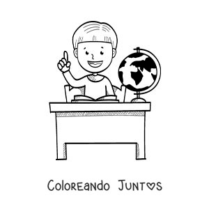 Imagen para colorear de un niño levantando la mano en un escritorio