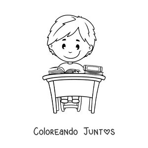 Imagen para colorear de un niño sentado leyendo en un escritorio