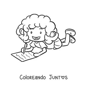 Imagen para colorear de una niña escribiendo su tarea en el piso