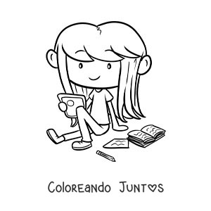 Imagen para colorear de una niña estudiando de una tablet