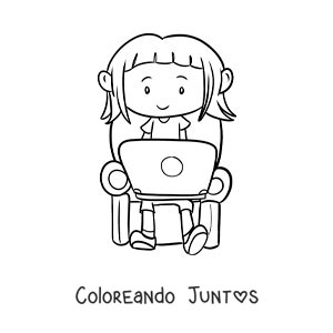 Imagen para colorear de una niña sentada haciendo su tarea en una computadora