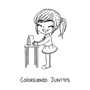 Imagen para colorear de una niña kawaii limpiando sus manos con gel antibacterial