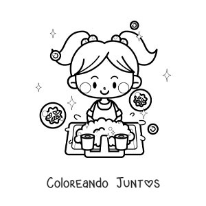 Imagen para colorear de una niña kawaii lavando sus manos para protegerse de los virus