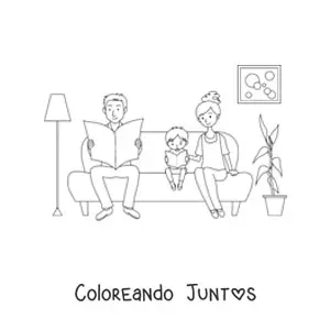 Imagen para colorear de una mamá y un papá sentados en el sofá junto al hijo pequeño