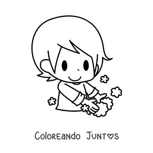 Imagen para colorear de un niño kawaii lavándose las manos