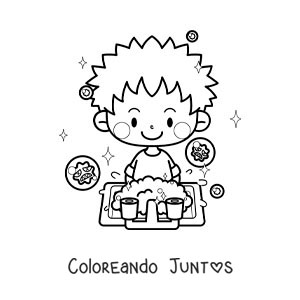 Imagen para colorear de un niño kawaii lavando sus manos para prevenir los virus