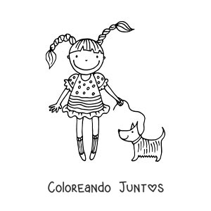 Imagen para colorear de una caricatura de una niña paseando a su perro