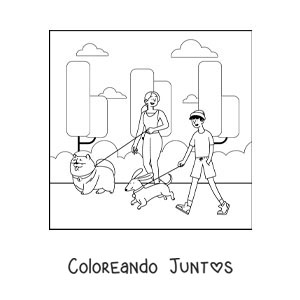 Imagen para colorear de una chica y un chico paseando a sus perros en el parque
