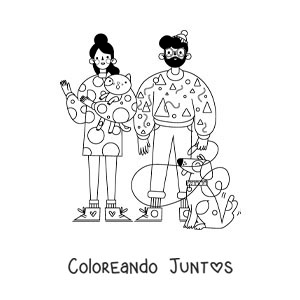 Imagen para colorear de una pareja con su gato y su perro con correa