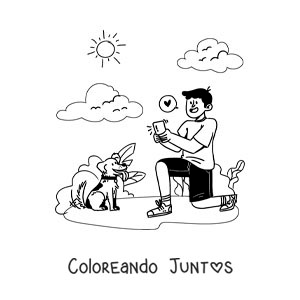 Imagen para colorear de un niño tomando fotos a su perro en un paseo