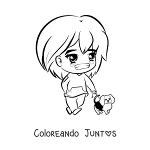 Imagen para colorear de una chica kawaii paseando a su perro