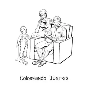 Imagen para colorear de una familia al estilo vintage