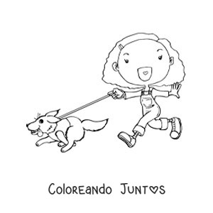 Imagen para colorear de una niña animada paseando a su perro