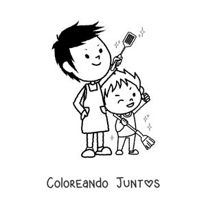 Imagen para colorear de un niño ayudando a su papá a limpiar la casa