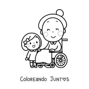 Imagen para colorear de una abuela kawaii sentada junto a su nieta de pie